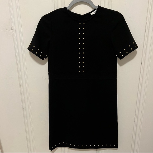Bar III Black Gold Studded Crewneck Short Sleeve Slip Career Work Shift Dress - Picture 1 of 4